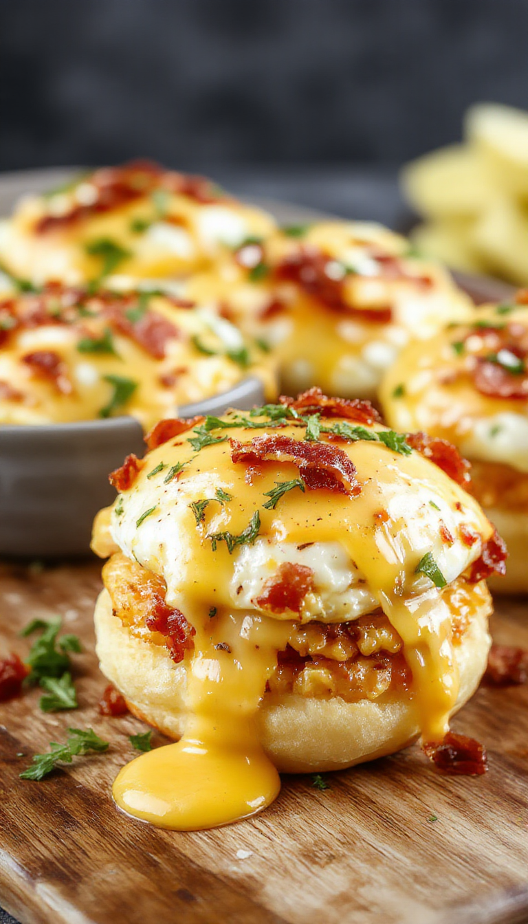 Close-up of cheesy bacon egg and cheese breakfast sliders on a plate, showing crispy bacon, melted cheese, and fluffy buns topped with fresh parsley.
