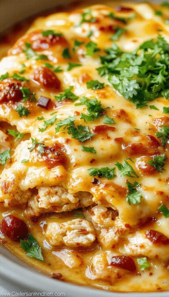 A delicious cheesy chicken burrito bake in a baking dish topped with melted cheese and fresh cilantro, surrounded by ingredients like tortillas, chicken, and vegetables.