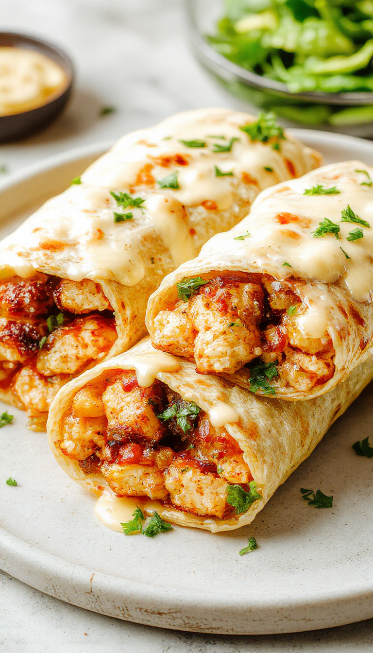 Golden chicken wraps filled with melted cheese, fresh garlic, and crisp vegetables, wrapped in a warm tortilla.