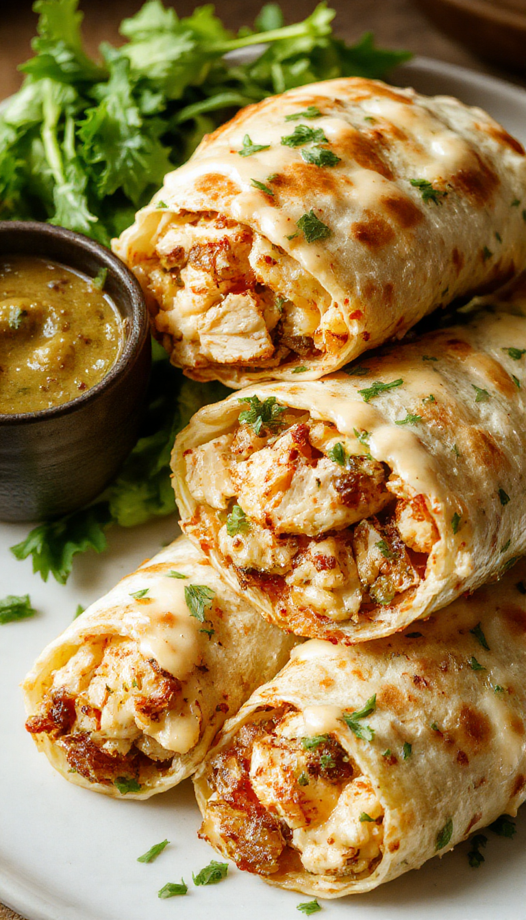 Close-up of cheesy garlic chicken wraps filled with melted cheese, grilled chicken, and fresh vegetables, wrapped in a soft tortilla.