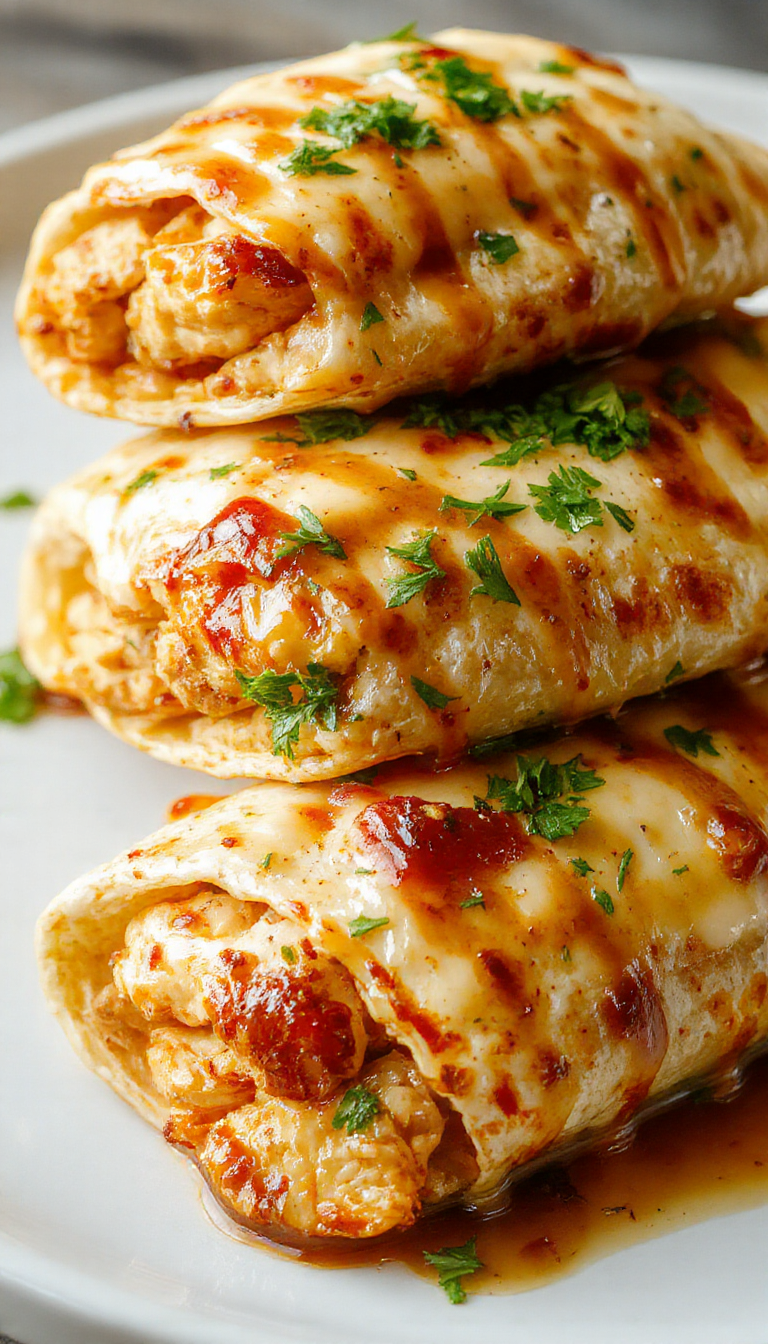 Golden-brown chicken wraps filled with melted cheese, garlic, and fresh herbs on a rustic plate