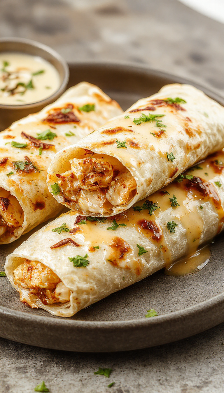 Golden crispy chicken wraps filled with melted cheese and fragrant garlic, garnished with herbs on a wooden platter.