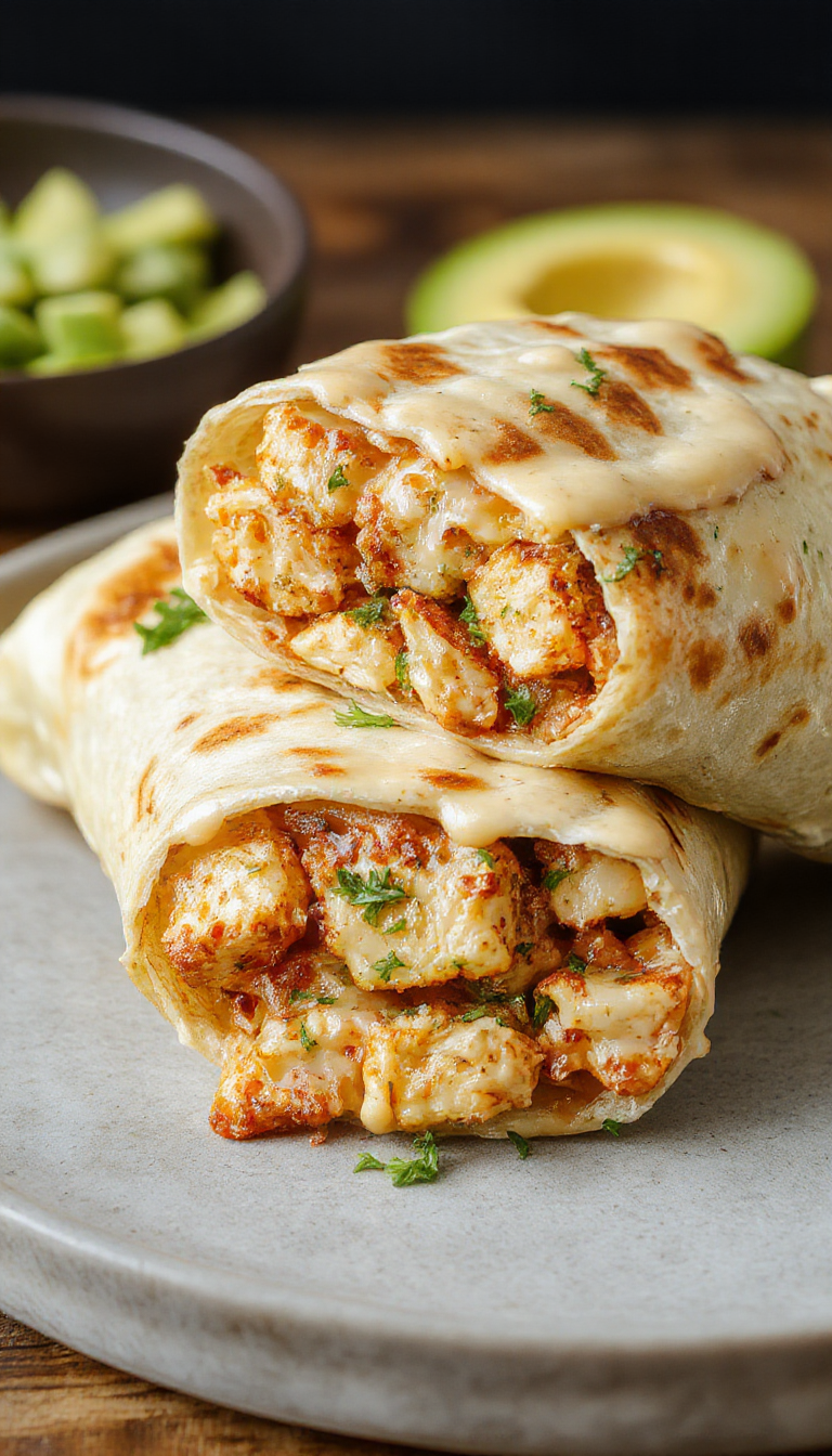 Golden cheesy garlic chicken wraps filled with juicy chicken, melted cheese, and fresh greens, rolled in a soft tortilla