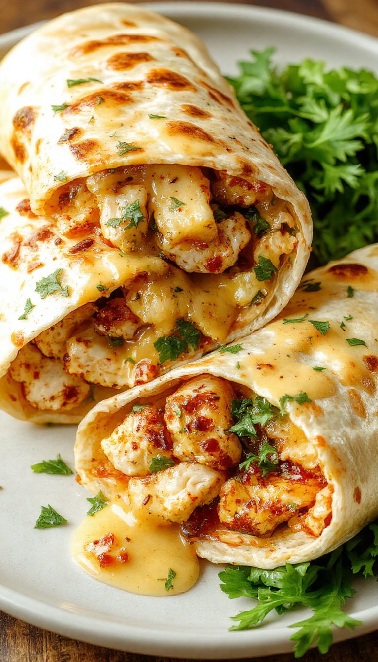 A close-up of cheesy garlic chicken wraps filled with tender chicken, melted cheese, and fresh greens, wrapped in a golden tortilla.