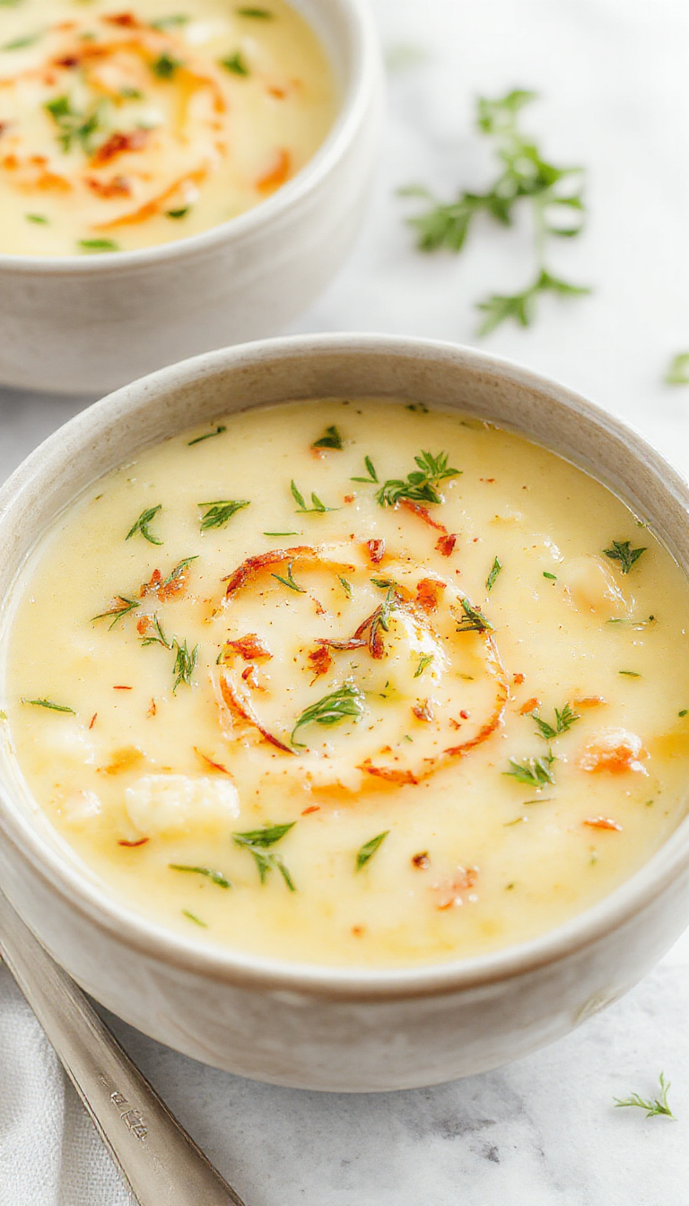 A steaming bowl of cheesy garlic herb potato soup garnished with fresh herbs and melted cheese, surrounded by rustic bread slices.