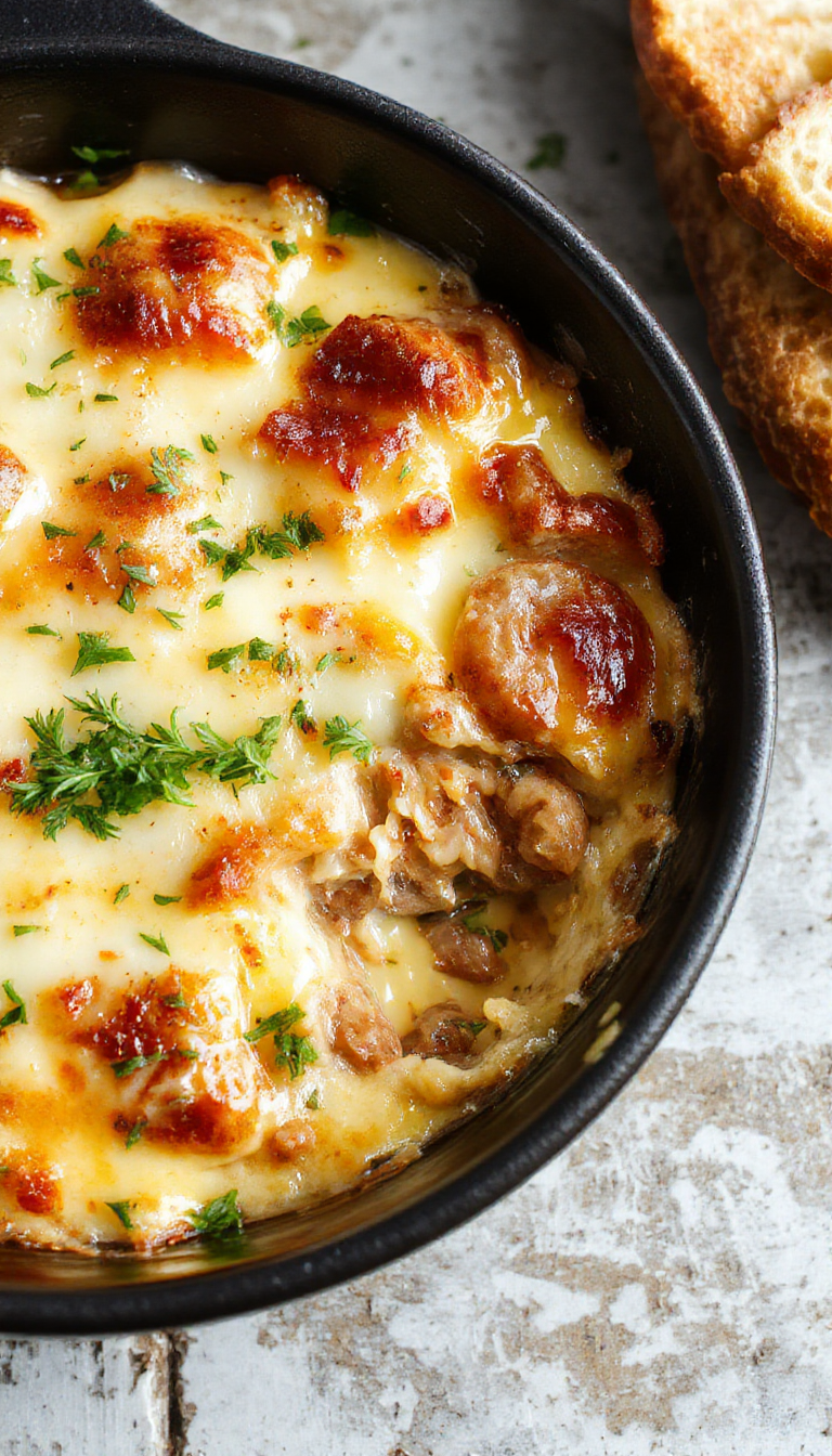 A delicious Cheesy Ranch Sausage Bake with melted cheese, sausage slices, and fresh herbs served in a baking dish.