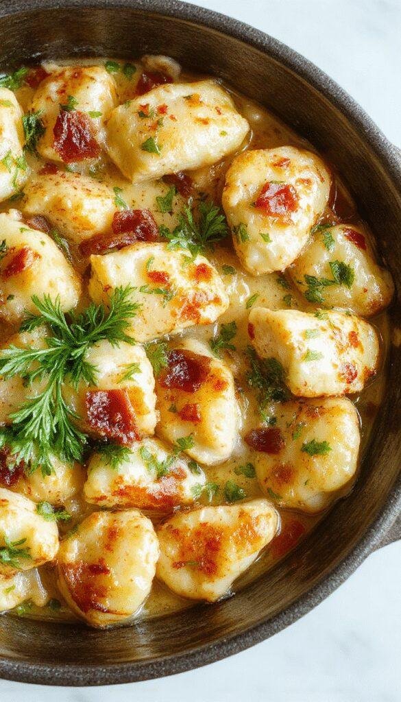 A skillet filled with golden gnocchi topped with crispy bacon, tender chicken pieces, and creamy ranch sauce, garnished with fresh herbs