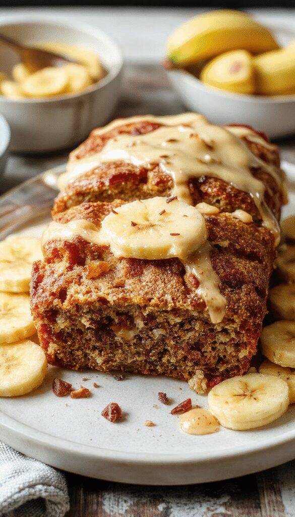 Freshly sliced classic moist banana bread with a golden crust on a rustic wooden table.