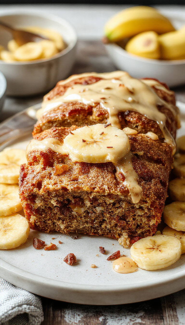 Freshly sliced classic moist banana bread with a golden crust on a rustic wooden table.