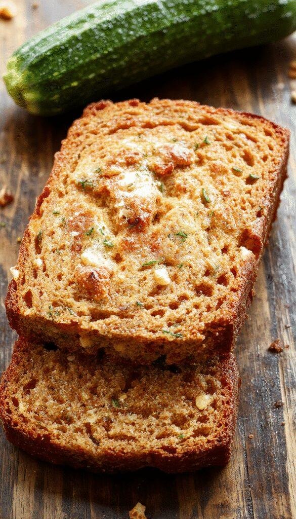 Golden slices of classic zucchini bread with a moist, dense texture and a sprinkle of cinnamon on top.