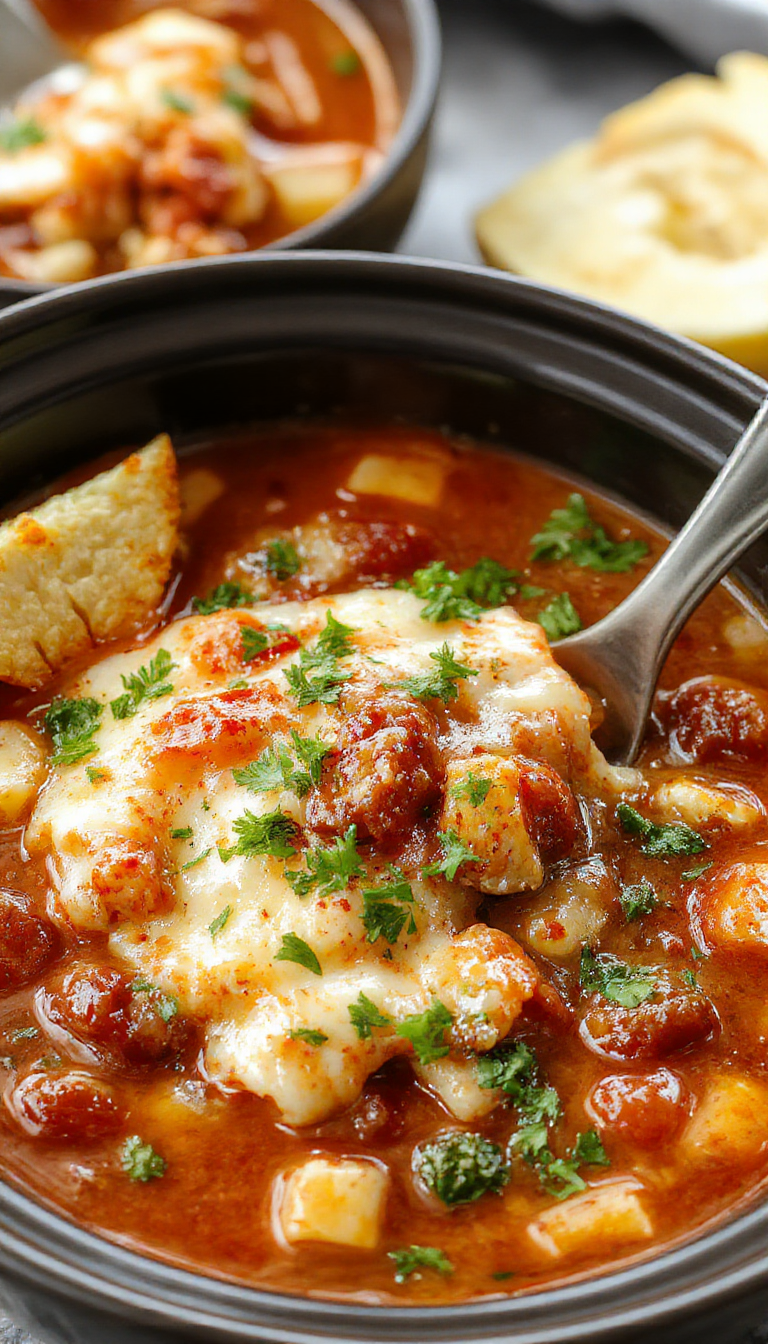 A comforting bowl of crockpot lasagna soup garnished with cheese and fresh basil, served alongside a spoon and rustic bread.