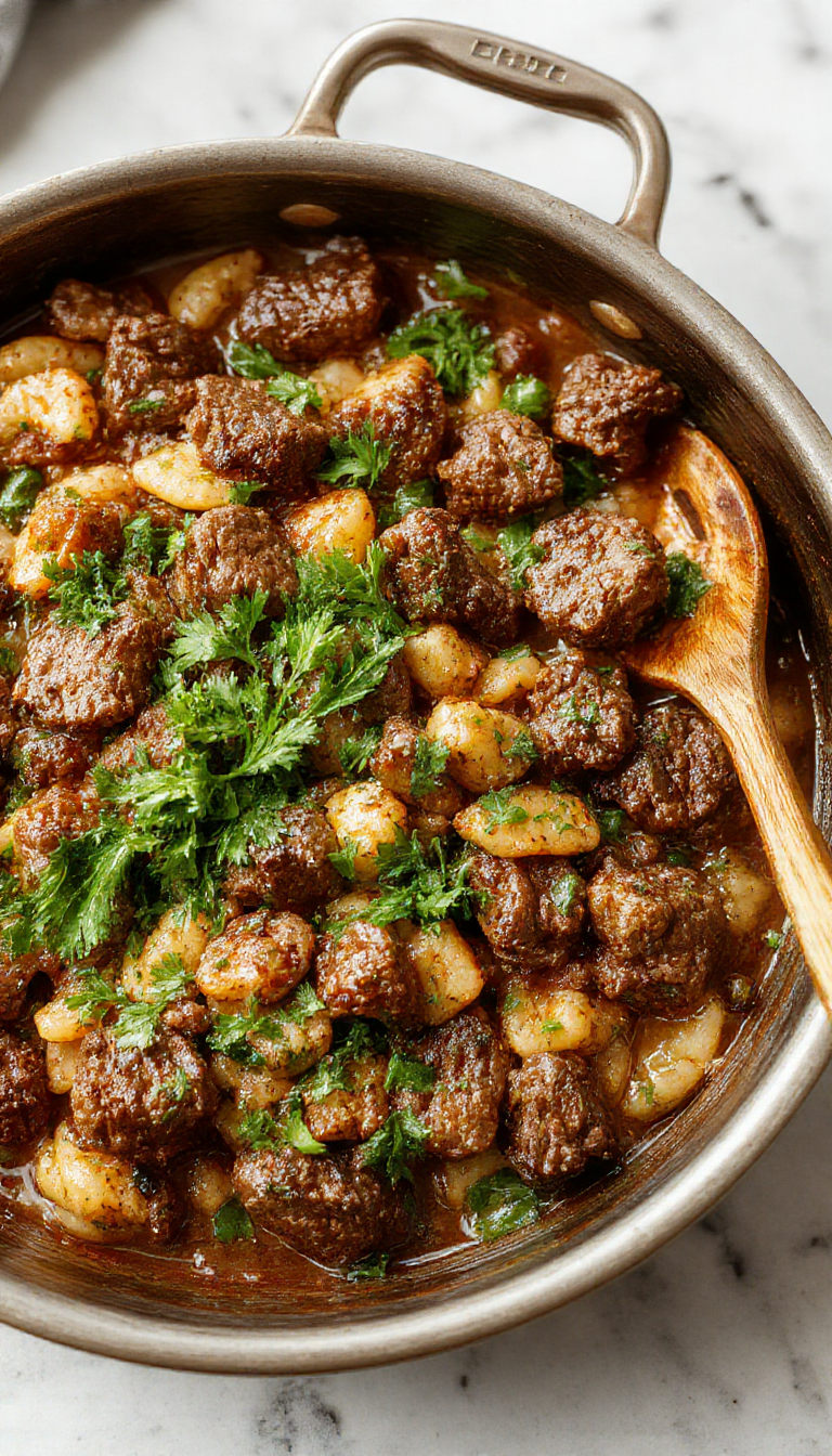 A warm, inviting skillet filled with tender ground beef stir-fried with orzo, colorful vegetables, and herbs, ready for serving on a cozy night.