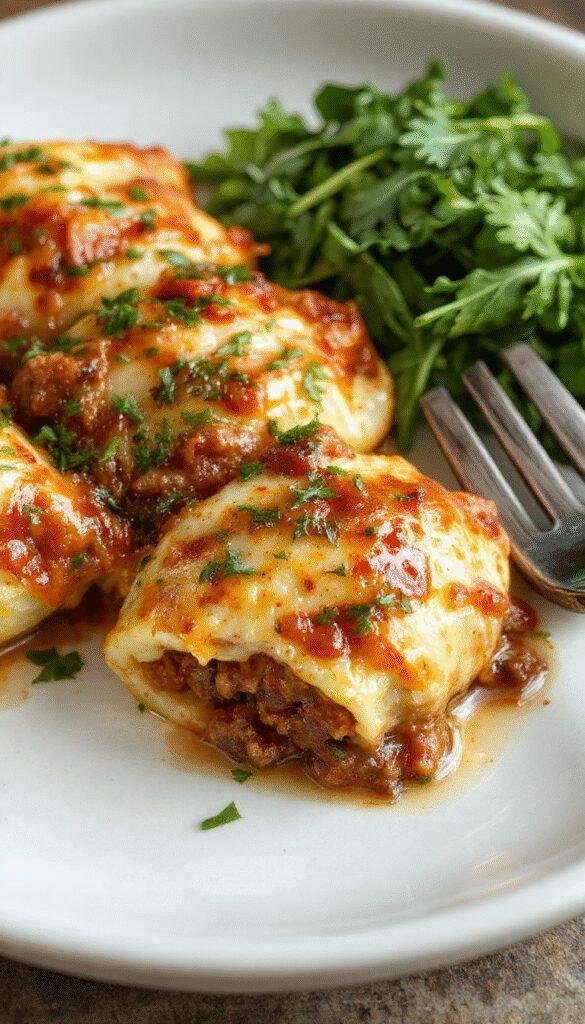 A plate of baked stuffed pasta shells filled with creamy beef and ricotta cheese, garnished with fresh herbs and melted cheese on top.