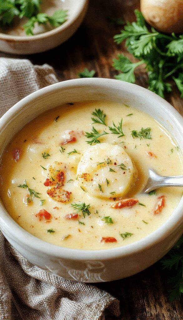A steaming bowl of creamy cheddar garlic herb potato soup garnished with fresh herbs and melted cheese, served with crusty bread on a cozy table.