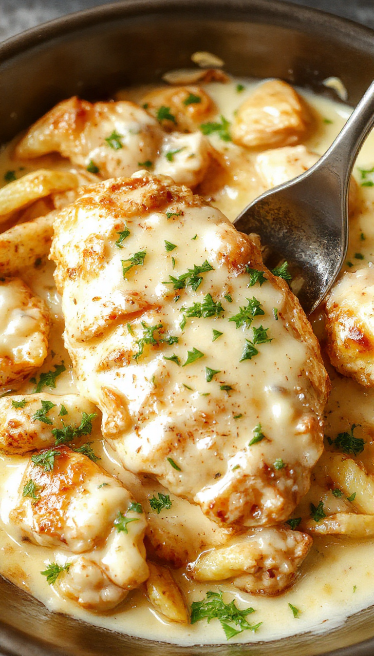 A delicious plate of Creamy Chicken Alfredo featuring tender chicken pieces, rich Alfredo sauce, and perfectly cooked fettuccine garnished with parsley.
