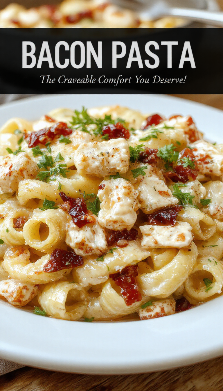 A creamy bowl of chicken bacon ranch pasta topped with fresh herbs and crispy bacon bits, served on a rustic wooden table.