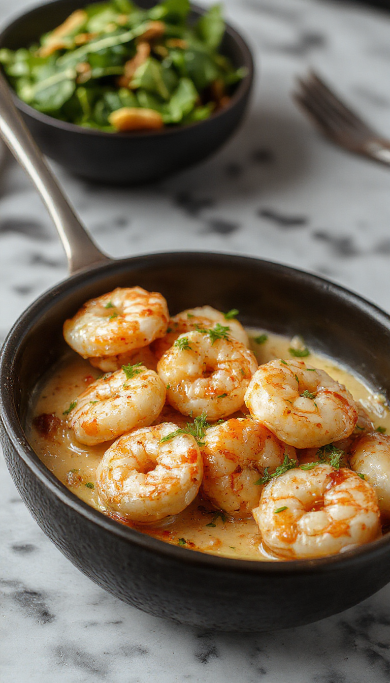 A plate of succulent shrimp coated in creamy garlic butter sauce garnished with parsley, served with lemon wedges on a white dish