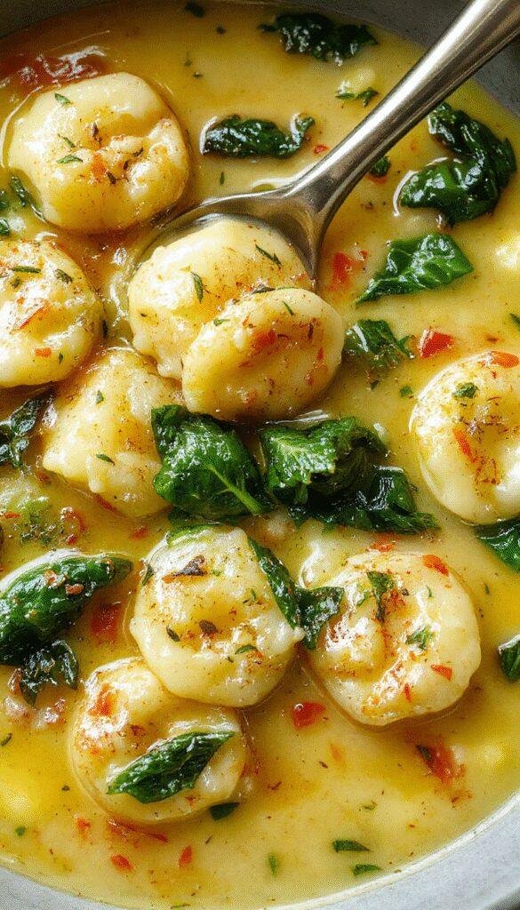 A warm bowl of creamy tortellini soup filled with spinach, topped with grated cheese and fresh herbs, steam rising invitingly.