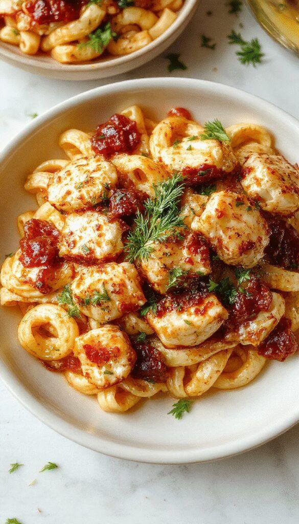 A plate of creamy Tuscan-style chicken pasta garnished with fresh basil and cherry tomatoes, featuring tender chicken strips coated in a rich, garlic-infused sauce.