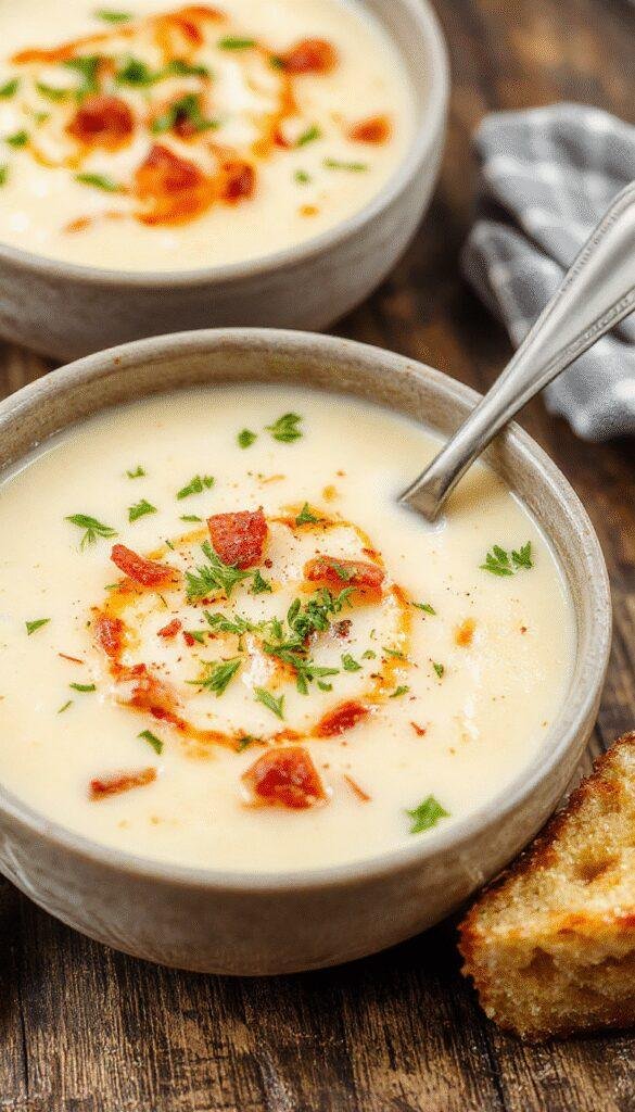 A steaming bowl of Creamy White Lasagna Soup topped with fresh parsley and melted cheese, served with crusty bread on the side.