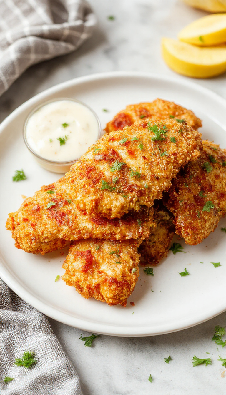 Golden crispy baked chicken strips served on a plate with dipping sauce, garnished with herbs, and accompanied by fresh vegetables.