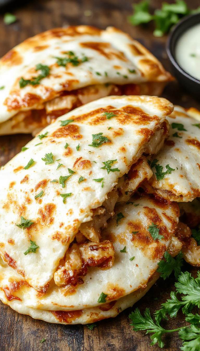 Golden crispy quesadilla filled with melted cheese, crispy bacon strips, seasoned chicken pieces, and a drizzle of ranch dressing, cut into wedges on a plate.