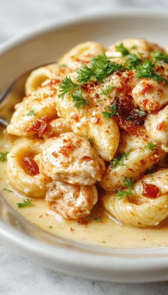 A plate of creamy Boursin chicken pasta garnished with fresh herbs, showcasing tender pieces of chicken and smooth, cheesy sauce.