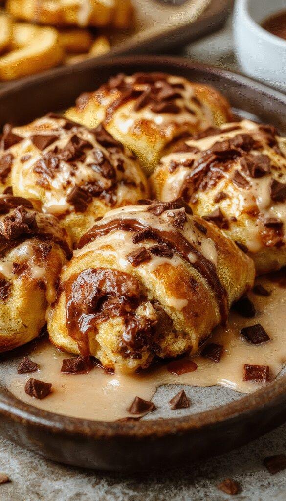 Golden, flaky chocolate croissants fresh out of the oven with melted chocolate filling showing through layers.