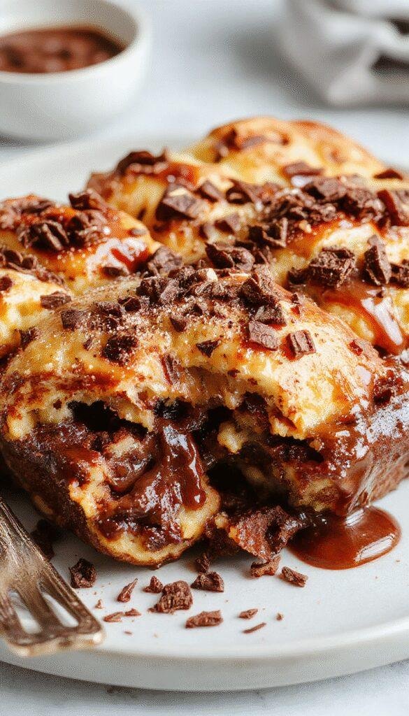 A rich and creamy chocolate croissant pudding served in a glass dish, topped with a dusting of powdered sugar and cocoa powder.