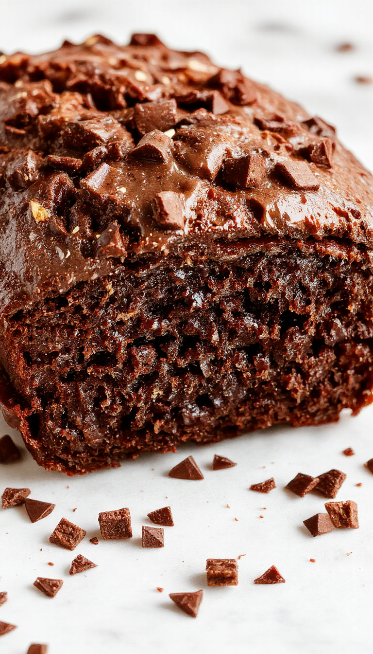 A slice of decadent chocolate espresso banana bread showcasing moist crumb, swirls of chocolate, and a dusting of powdered sugar on a rustic wooden board.