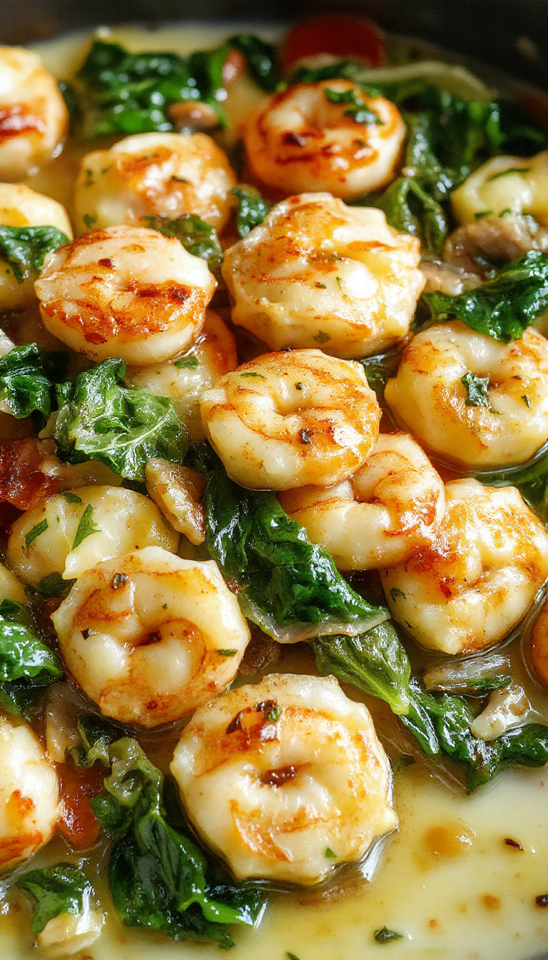 A plated serving of shrimp and spinach tortellini garnished with herbs on a white dish