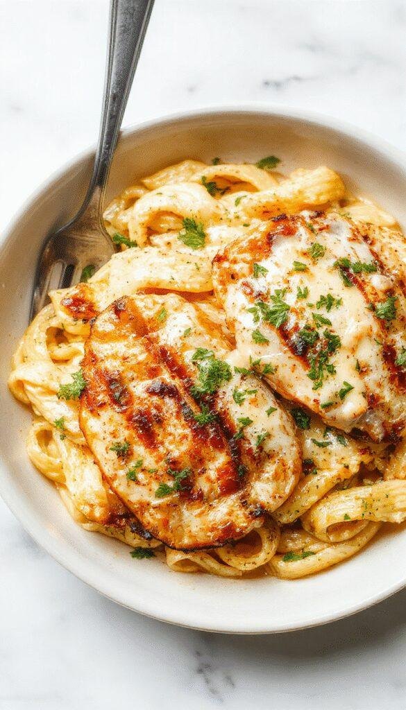 A close-up of a plate of grilled chicken Alfredo featuring succulent grilled chicken slices atop creamy pasta with a sprinkle of herbs, garnished with parsley.