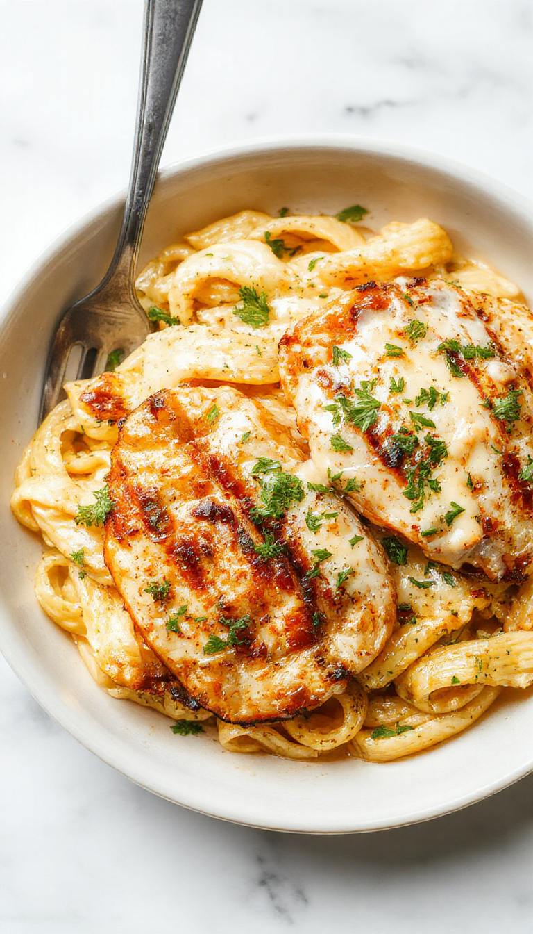 A close-up of a plate of grilled chicken Alfredo featuring succulent grilled chicken slices atop creamy pasta with a sprinkle of herbs, garnished with parsley.