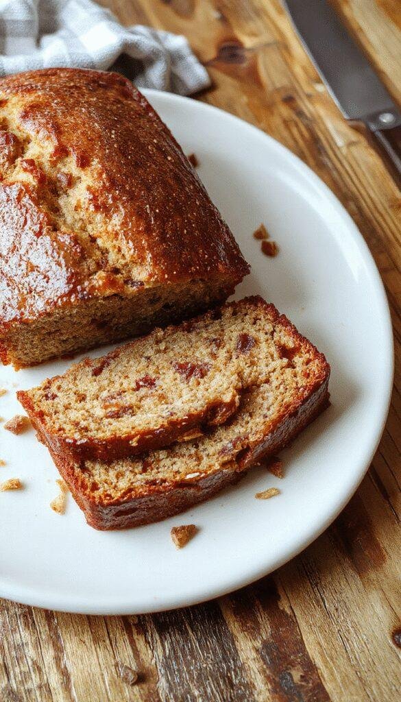 A freshly baked loaf of Divine Greek Yogurt Banana Bread garnished with banana slices and a sprinkle of nuts, sitting on a rustic wooden table.