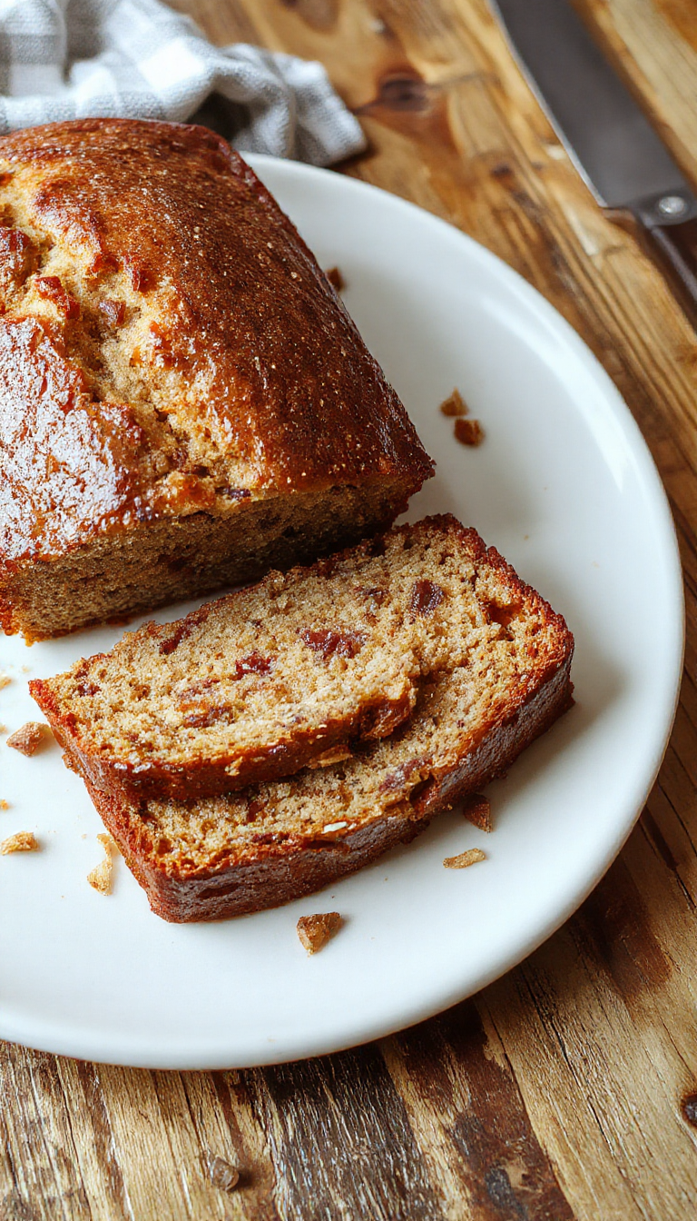 A freshly baked loaf of Divine Greek Yogurt Banana Bread garnished with banana slices and a sprinkle of nuts, sitting on a rustic wooden table.