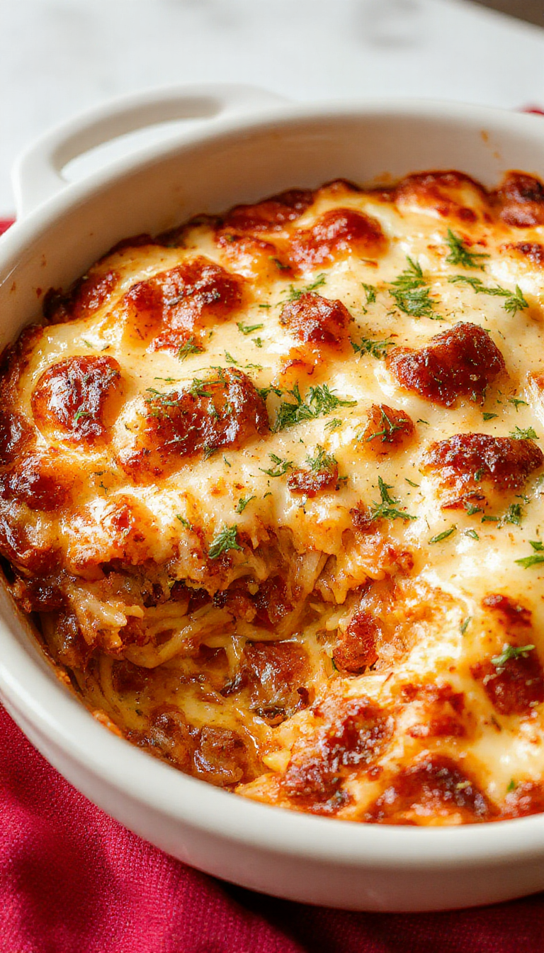 A steaming casserole of Divine Velvety Baked Spaghetti topped with melted cheese and fresh herbs, served on a rustic wooden table.
