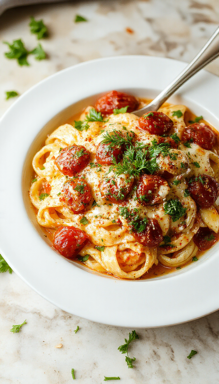 A steaming bowl of creamy tomato pasta garnished with fresh basil and grated cheese on a rustic wooden table.