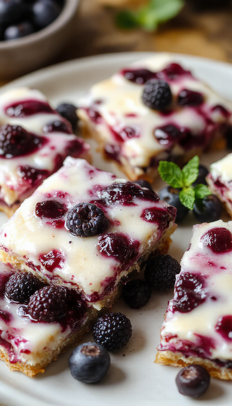 A close-up of luscious blueberry cheesecake bars with swirls of blueberry compote and a crumbly crust on a white plate.