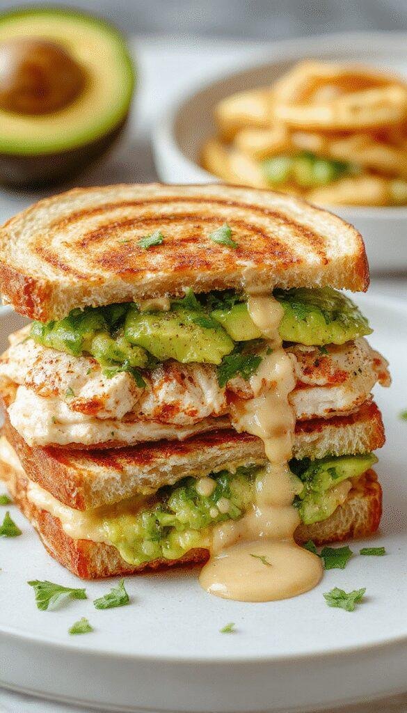 Close-up of a creamy avocado chicken melt sandwich with melted cheese and fresh ingredients spilling out.