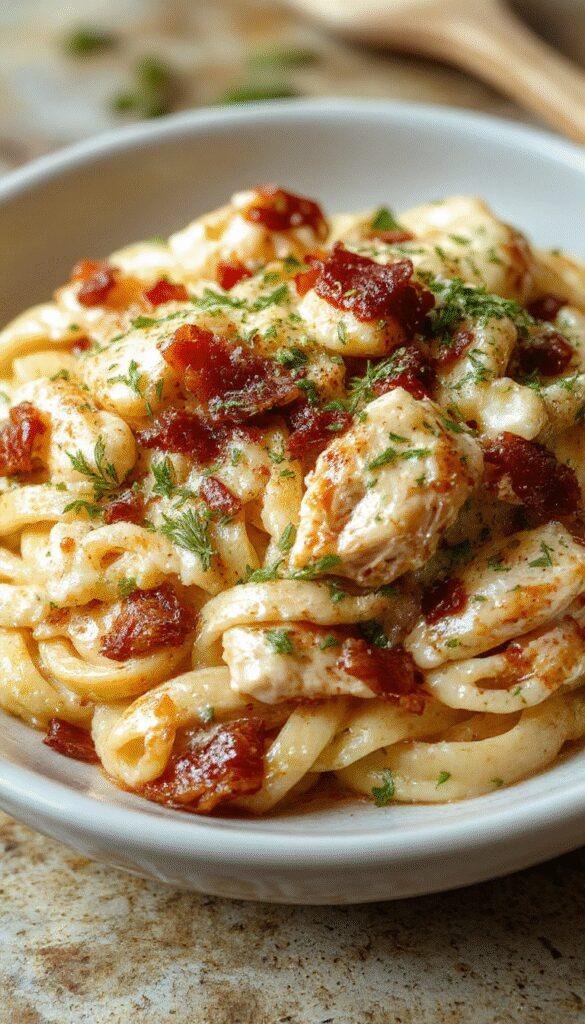 A plate of Dreamy Creamy Chicken Bacon Ranch Pasta featuring tender chicken, crispy bacon, and zesty ranch sauce, garnished with fresh herbs.