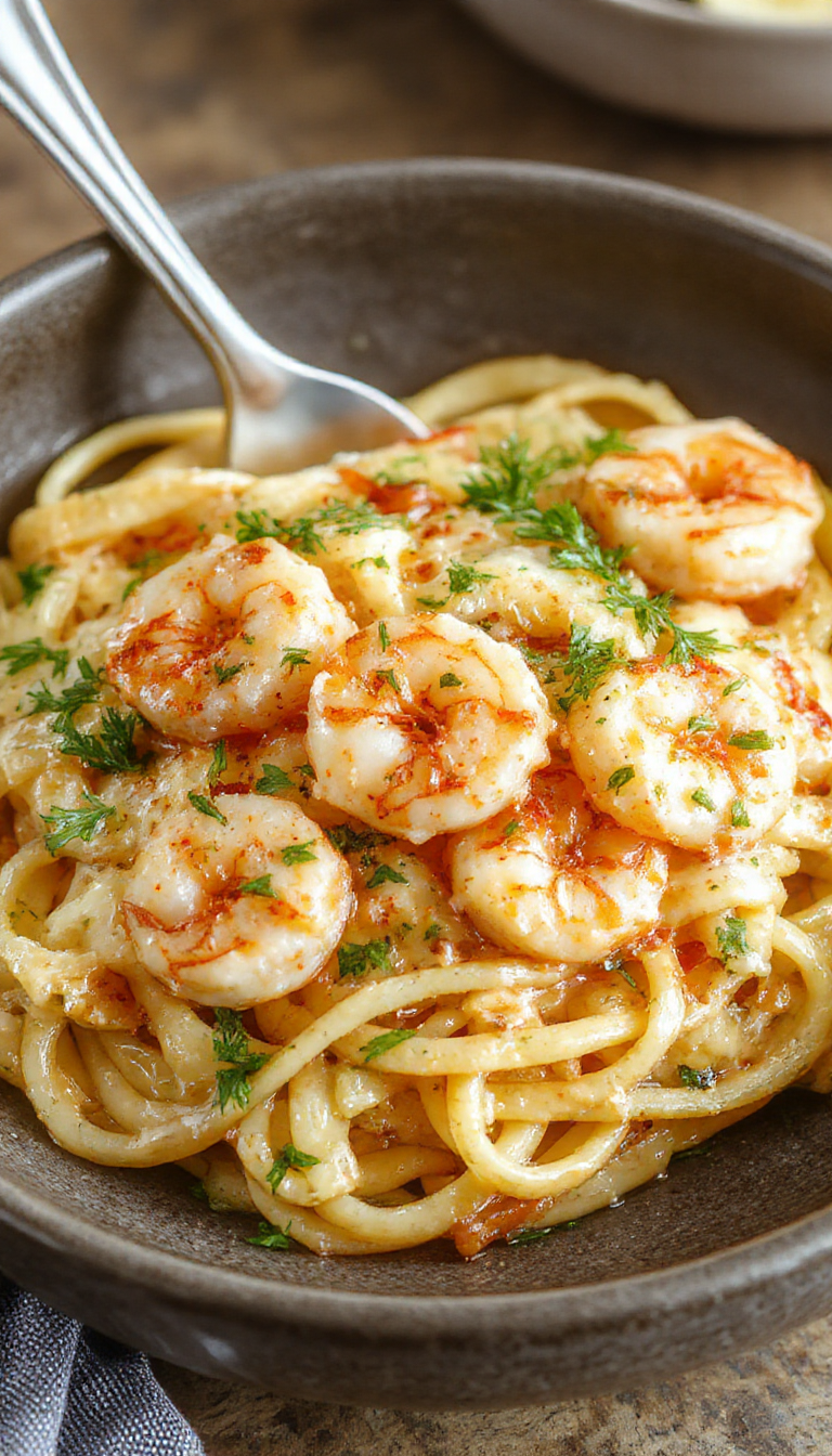 Creamy garlic shrimp pasta served in a bowl with fresh parsley and lemon wedges, showcasing tender shrimp coated in rich sauce with al dente noodles.
