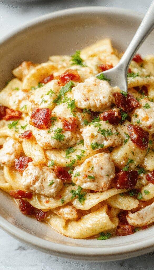 A plate of Dreamy Creamy Ranch Chicken & Bacon Pasta garnished with fresh herbs, showcasing a creamy sauce with tender chicken and crispy bacon pieces.
