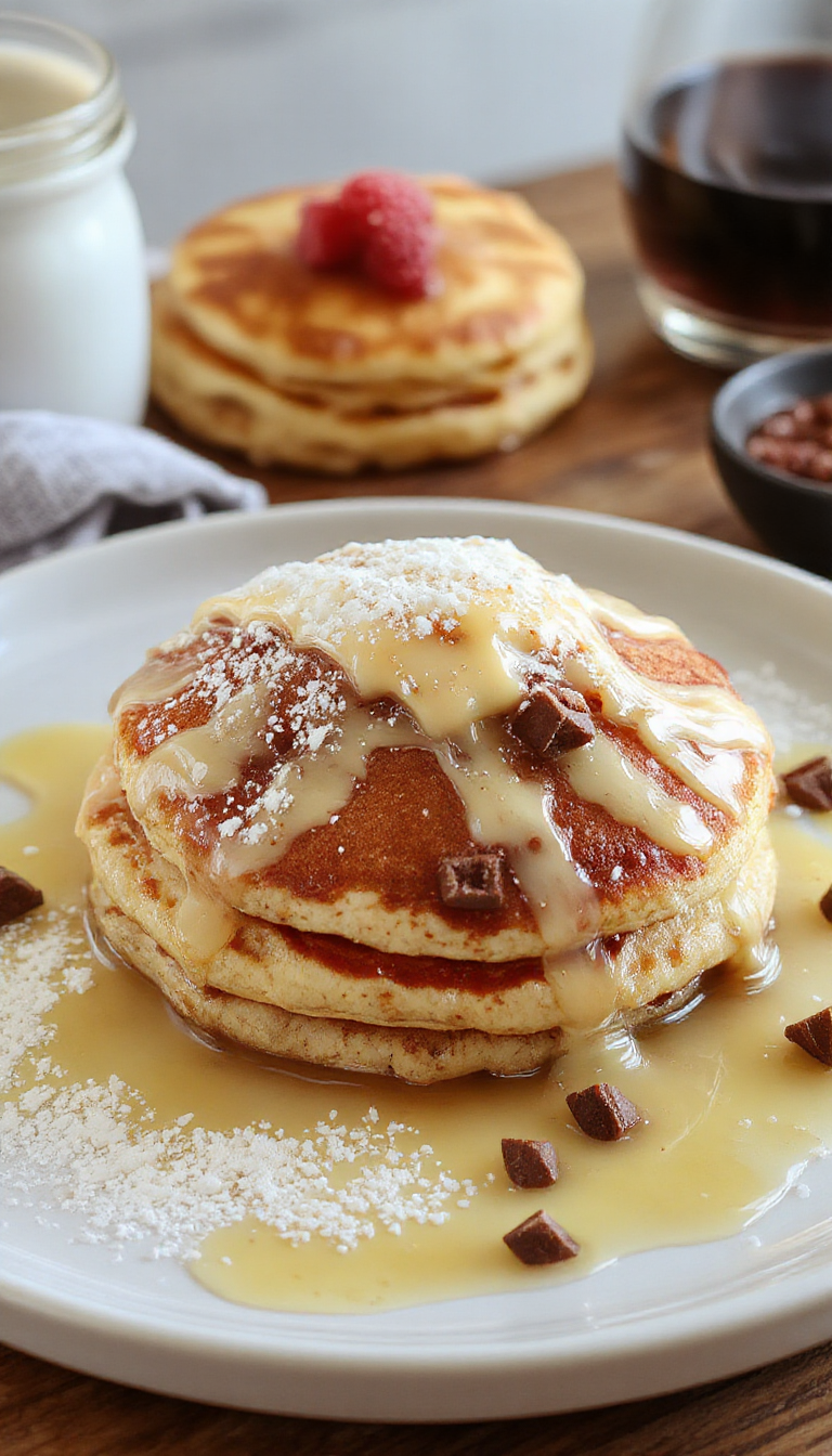 A stack of fluffy Paradise Pancakes topped with fresh berries, syrup, and a dollop of whipped cream, set on a rustic breakfast table.