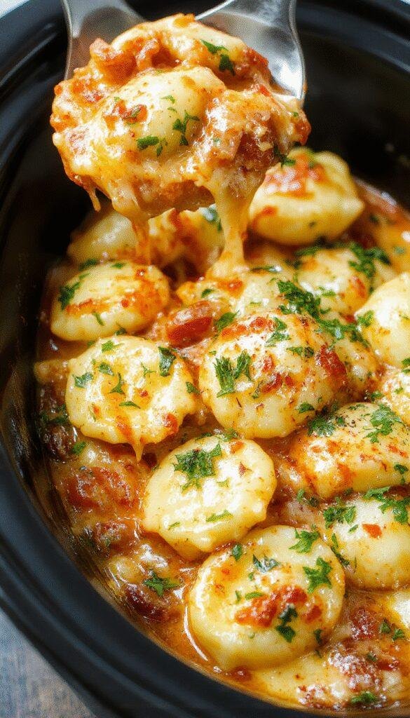 A comforting baked ravioli dish in a casserole dish, topped with melted cheese and fresh herbs, served hot on a rustic wooden table.