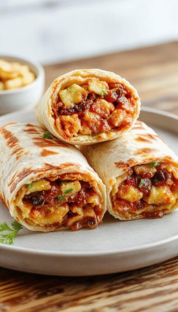 Close-up of a Dunkin' Wake Up Wrap filled with scrambled eggs, cheese, and breakfast sausage, resting on a plate.