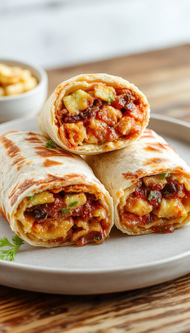 Close-up of a Dunkin' Wake Up Wrap filled with scrambled eggs, cheese, and breakfast sausage, resting on a plate.
