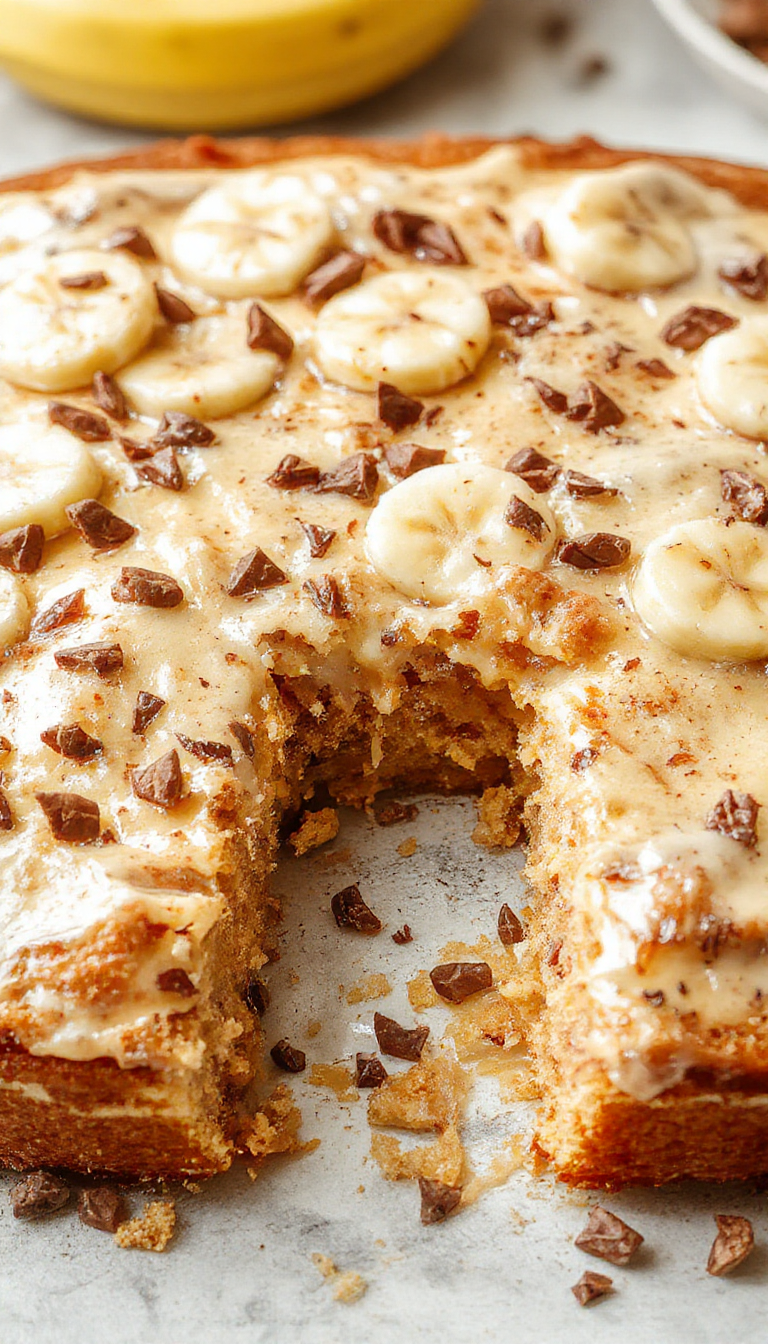 A delicious, moist banana sheet cake topped with sliced bananas and a dusting of powdered sugar on a decorative platter.