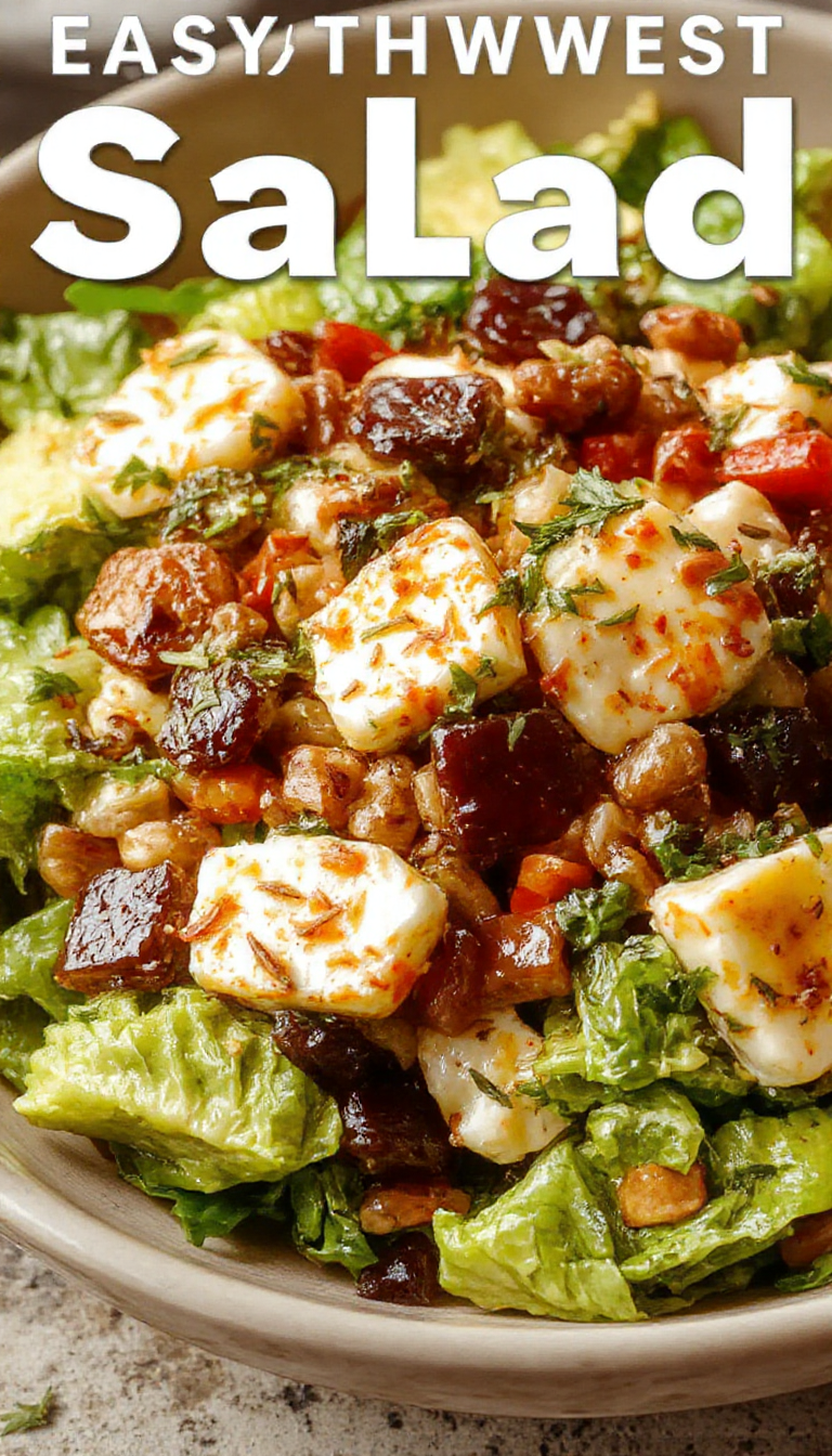 A vibrant plate of Easy Southwest Salad with fresh lettuce, cherry tomatoes, black beans, corn, avocado slices, and a tangy dressing.