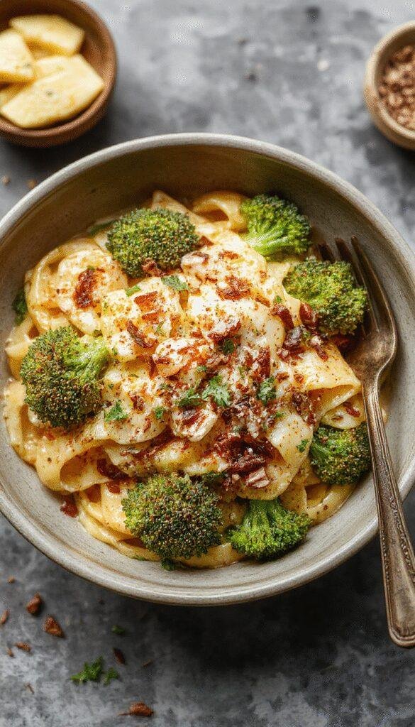 A vibrant plate of easy weeknight broccoli pasta garnished with grated cheese and fresh herbs, served in a white bowl on a rustic wooden table.