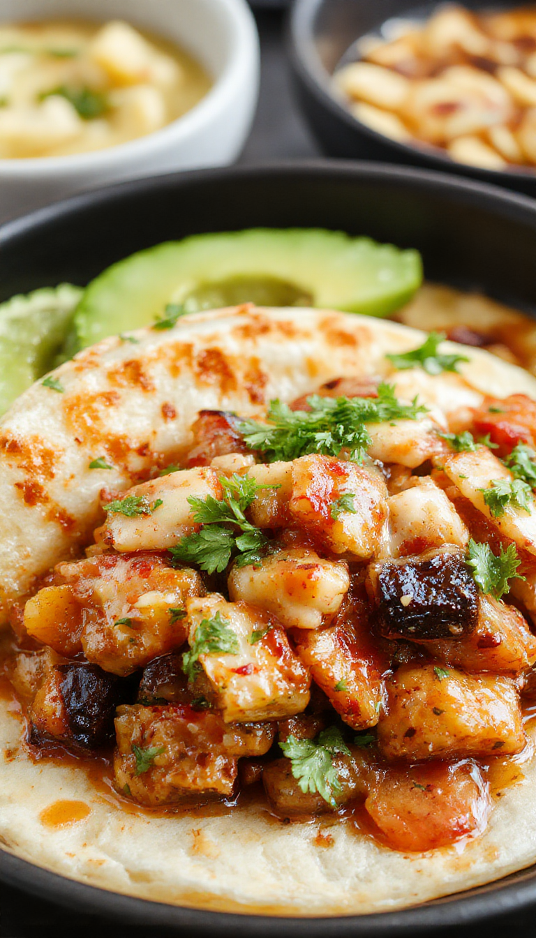 A vibrant plate of fajitas with colorful grilled peppers, onions, and juicy sliced steak, served with warm tortillas and fresh toppings.